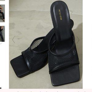Black PU Square Toe Fish Net Low Heeled Mules